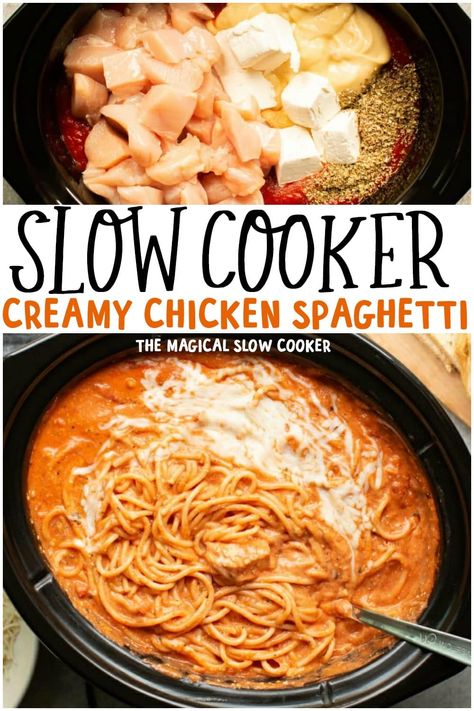 Want to try something different for dinner? Try this Slow Cooker Creamy Chicken Spaghetti, you will love it! Slow Cooker Chicken Spaghetti, Chicken Hotdish, Chicken Gloria, Best Chicken Spaghetti Recipe, Creamy Chicken Spaghetti, Crockpot Dinners Healthy, Crockpot Chicken Spaghetti, Simple Crockpot, Slow Cooker Pasta Recipes