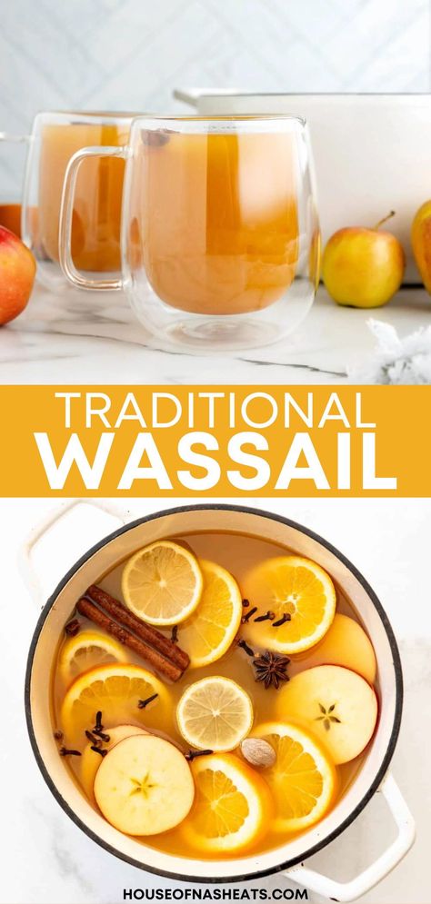 This traditional Wassail recipe is quick to prepare and incredibly versatile, promising good cheer and good health with every warming sip! The fragrance of this hot mulled cider drink is enough to fill a home with holiday spirit, making it a delightful addition to any Christmas Eve or New Year’s Eve gathering. This hot drink is sure to bring warmth and joy to your home throughout the winter season. | christmas wassail recipe holiday drinks Spiced Wassail Recipe, Holiday Wassail Recipe, Hot Wassail Recipe Crock Pot, Homemade Wassail Recipe, Wassle Drink, Wassil Recipe Drink, Hot Cranberry Drink, Wassel Recipe, Wassle Recipe