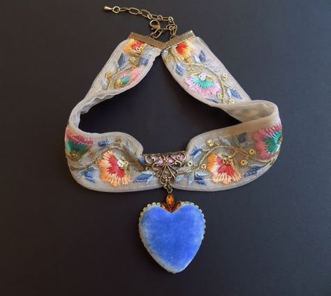 Marquis Band, Wedding Something Blue, Baroque Jewelry, Embroidered Ribbon, Interesting Jewelry, Ribbon Necklace, Handmade Heart, Mesh Ribbon, Funky Jewelry