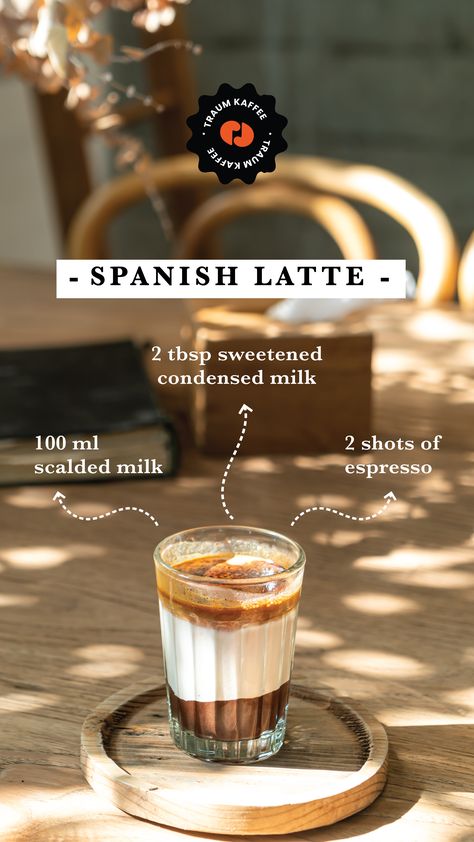 What is a Spanish latte, and how to make Cafe con Leche at home? Spanish Latte Ingredients: - 100ml scalded milk - 2 tbsp sweetened condensed milk - 2 shots of espresso To learn more about the best recipe for a Spanish latte; iced version included, read our blog article now! Spanish Latte Iced, Spanish Latte Recipe, Cafe Latte Recipe, Barista Recipe, Spanish Latte, Iced Latte Recipe, Spanish Coffee, Latte At Home, Espresso Recipes