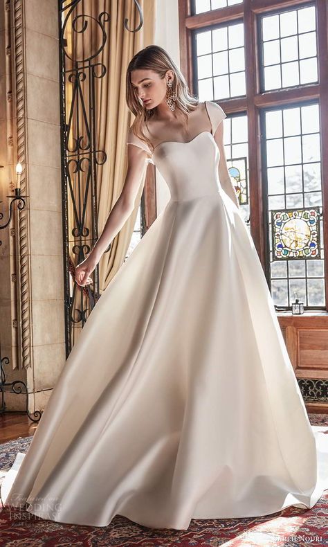 Clean Ball Gown Wedding Dress, Satin Wedding Dress With Cap Sleeves, Satin Cap Sleeve Wedding Dress, Cap Sleeve Ball Gown Wedding Dress, Cap Sleeve Satin Wedding Dress, A Line Wedding Dress Sweetheart Neckline, Satin Wedding Dress Sleeves, Sweetheart Neckline Wedding Dress With Sleeves, Minimalist Satin Wedding Dress