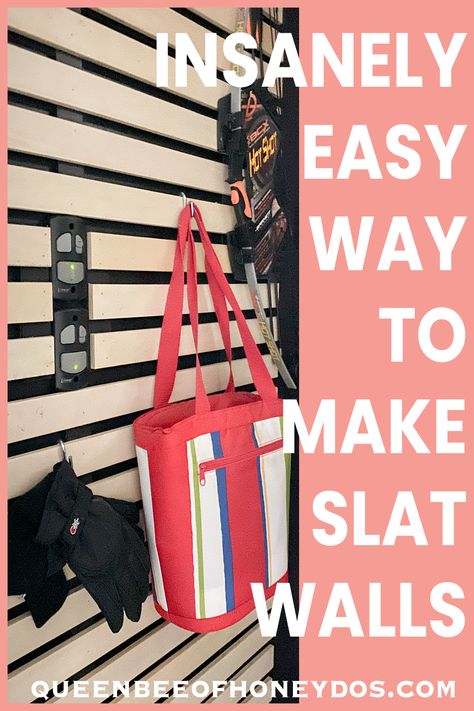 The absolutely easiest slatwall that doesn't require expensive accessories! #storage #woodworking #slat #wall #garage Diy Slatwall Display, Slat Wall Store Display, Hanging Wall Storage Ideas, Slat Shelf Wall, Slatwall Display Ideas, Slatwall Ideas Home, Slat Wall With Shelves, Garage Slat Wall, Slatwall Garage