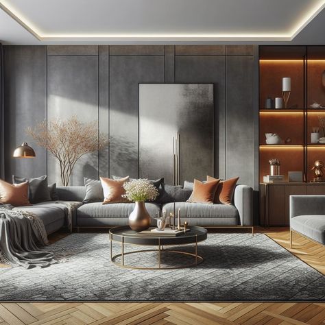 Modern Grey and Brown Living Room Accentuating with Metallics Grey And Brown Living Room, Modern Living Room Interior, Lifestyle Ideas, Living Room Design Decor, Brown Living Room, Home Design Living Room, Elegant Living Room, Living Room Decor Modern, Decor Home Living Room