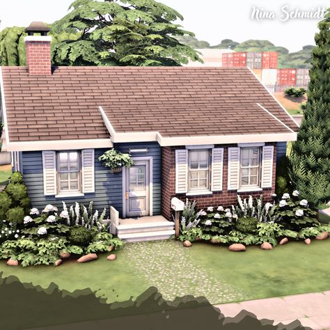 Base Game & Basement Treasures Ts4 Starter Home, 70s Neighborhood, Sims 4 Floorplan Starter Home, Base Game House Sims 4, Sims Starter Home, Sims 4 Basement Ideas, Starter House Sims 4, Tiny Home Sims 4, Game Basement