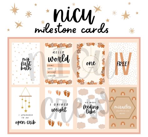 The sweetest NICU milestone cards to celebrate and commemorate every victory your preemie has. Take a picture with each card as your little fighter achieves them! Nicu Milestone Cards, Leaving The Hospital, Nicu Mom, Tiny Miracles, Im Coming Home, Preemie Clothes, Nicu Nurse, Milestone Cards, Miracles Happen