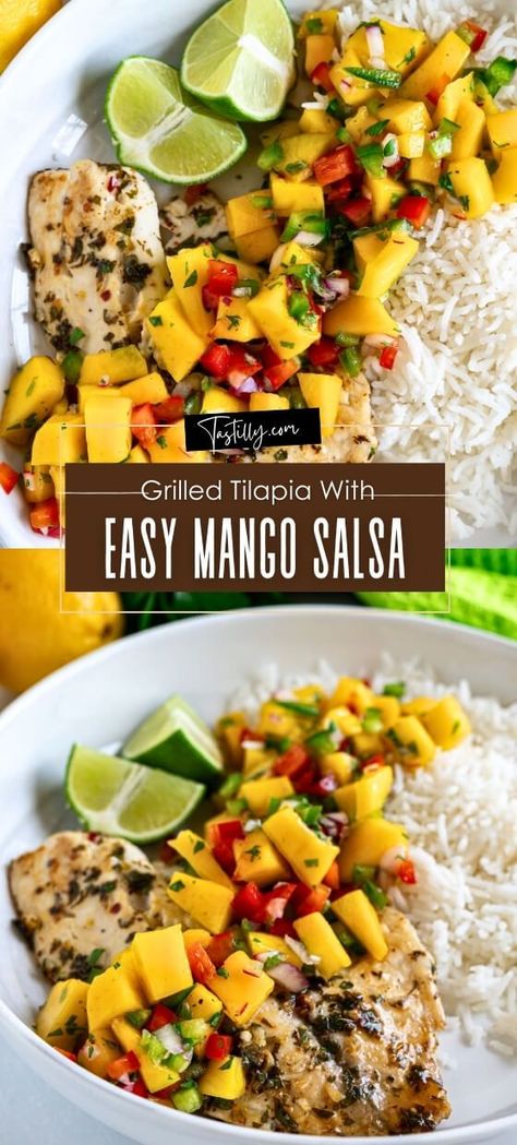 Quick Grilled Tilapia With Easy Mango Salsa – Tastilly Mango Tilapia, Mango Recipes For Dinner, Mango Salsa For Fish, Tilapia With Mango Salsa, Grilled Tilapia Recipes, Tilapia Dinner, Best Fish Taco Recipe, Seafood Dinners, Grilled Tilapia