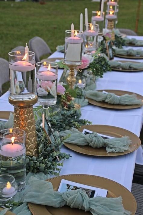 Bridal Brunch Place Setting, Wedding Table Settings Cheesecloth, Clear Table Setting, Gold Charger Sage Napkin, Sage Green And White Decorations, White And Sage Table Settings, White Green And Gold Table Decor, Table Setting For Quinceanera, Sage Green Cheesecloth Table Runner Wedding