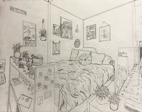 #drawing #graphitedrawing #artist #art #artwork #pencil #perspectivedrawing #2pointperspective Perspective Drawing Of Bedroom, How To Draw A Bedroom Perspective, Bedroom Sketch Aesthetic, Drawing Room Perspective, Bedroom Perspective Drawing Two Point, Point 1 Perspective Drawing, Perspective Room Art, 2 Point Perspective Room Drawing, 3 Point Perspective Room Drawing