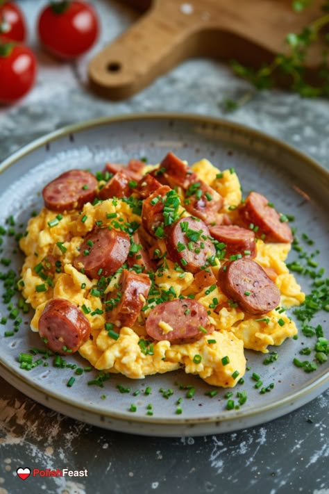 Scrambled Eggs with Kielbasa Breakfast With Kielbasa, Eggs With Potatoes Breakfast, Kielbasa And Eggs Recipes, Scrambled Eggs With Sausage, Eggs And Kielbasa Breakfast, Kielbasa Breakfast Recipes, Sausage And Egg Recipes, Kielbasa And Eggs, Breakfast Boxes To Go