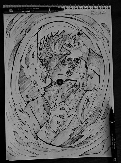 Jujutsu Kaisen Sketch, Gojo Satoru Drawing, Jujutsu Kaisen Drawing, Gojo Sketch, Anime Drawing Sketches, رورونوا زورو, Naruto Sketch Drawing, Best Anime Drawings, Anime Drawing Books