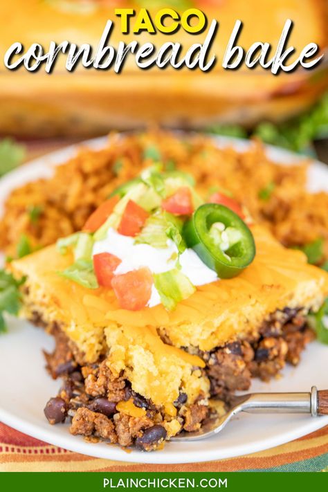 Taco Cornbread Bake - our favorite Mexican casserole! Super simple to make with only a few ingredients and bakes in about 20 minutes. Ground beef, taco seasoning, Rotel tomatoes, black beans, cheese, and Jiffy Mix. Top the casserole with your favorite taco toppings and serve with some Mexican rice or a salad. Taco Tuesday never tasted so good! Taco Cornbread Bake, Cornbread Casserole Jiffy, Quick Mexican Recipes, Taco Cornbread, Taco Cornbread Casserole, Cornbread Bake, Cornbread Taco, Jiffy Cornbread Recipes, Beef Taco Seasoning