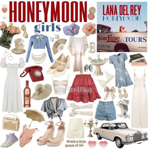 Lana Del Rey Honeymoon Outfit, Honeymoon Aesthetic Lana Del Rey, Lana Del Rey Outfits Inspiration, Lana Del Rey Concert Outfit, Honeymoon Lana Del Rey, Lana Outfits, Honeymoon Lana, Coquette Moodboard, Honeymoon Aesthetic