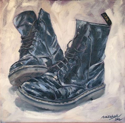 Shoe Painting Ideas On Canvas, Fightertown Usa, Boot Drawing, Boot Painting, Boots Painting, Boots Drawing, Blue Crocs, High School Art Projects, David Mitchell