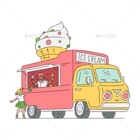 Vector Sketch Ice Cream Van in Vintage Style • Vector illustration • Vector EPS • Download Ice Cream Van Drawing, Van Drawing, Ice Cream Car, Bus Cartoon, Vintage Outfits 90s, Ice Cream Van, Summer Illustration, Shop Illustration, Vector Sketch