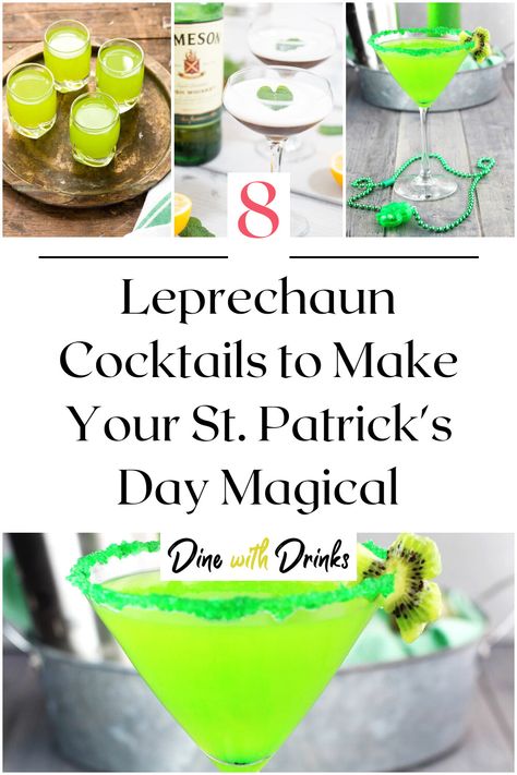 Collage of 4 leprechaun cocktails. Leprechaun Cocktail, Lucky Leprechaun, Gold Drinks, End Of The Rainbow, Festive Drinks, Gold Cocktail, Pot Of Gold, Cocktail Making, Holiday Drinks