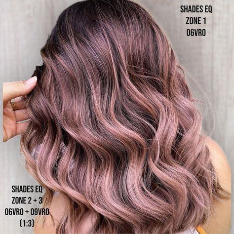 Rose Gold Balayage Brunettes, Rose Gold Hair Color Formula, Rose Balayage, Rose Gold Hair Shades, Dusty Rose Hair, Rose Hair Color, Rose Gold Hair Brunette, Redken Hair Color, Light Pink Hair