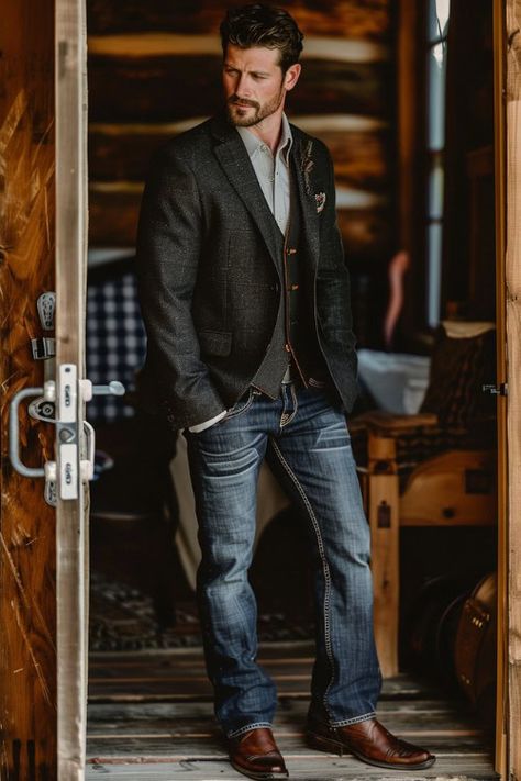 Country Cowboy Boots Aesthetic: 80+ Outfit Inspirations for Every Country Lover - From The Guest Room Groom Country Wedding Attire, Groom Country Wedding, Cowboy Wedding Attire, Country Groom Attire, Cowboy Boots With Jeans, Cowboy Boots And Jeans, Vest For Men Wedding, Country Groomsmen, Sports Coat And Jeans