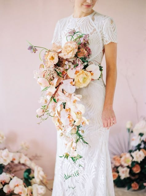 Wedding Bouquets That Drape, Falling Bridal Bouquet, Orchid Wedding Bouquet Fall, Fall Cascading Bouquet, Draping Flower Bouquet, Modern Mauve Wedding, Asymmetrical Bridal Bouquet, Trailing Bridal Bouquet, Cascading Wedding Bouquets Summer