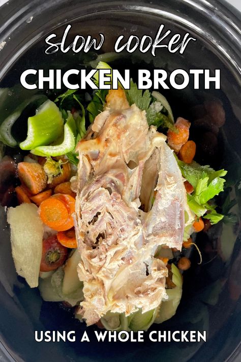 Chicken Bone Broth Slow Cooker, Slow Cooker Broth Recipes, Crock Pot Bone Broth Recipe, Homemade Bone Broth Crockpot, Crock Pot Chicken Bone Broth, Chicken Broth Recipes From Bones, Chicken Stock From Carcass Bone Broth, Making Bone Broth Crock Pot, Rotisserie Chicken Bone Broth Crockpot