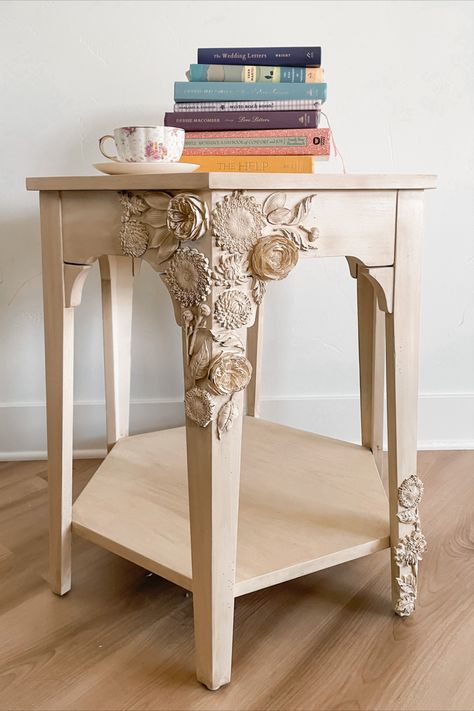 Anthropologie-inspired DIY, side table makeover, furniture refinishing, furniture upgrade Anthropologie Hacks Diy, Anthropologie Furniture, Anthropologie Hacks, Anthropologie Diy, Anthropologie Decor, Unpainted Furniture, Anthropologie Inspired, Bleached Wood, Carved Furniture