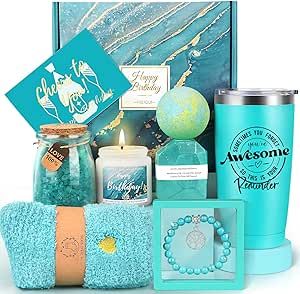 This turquoise crystal Birthday Gift Set contains 8pcs beautifully gifts, a 20oz insulated tumbler with straw & cleaning brush that says "you are awesome reminder", turquoise bracelet with wishing tree pendant and exquisite jewelry box, fuzzy socks with gold heart embroidery, 3.53oz candle(blue campanula scent), diamond soap, himalayan bath salts(200g), bath bomb, birthday card, beautiful gift box. 30th Birthday Gift Baskets, 40th Birthday For Women, 40th Birthday Gifts For Women, 50th Birthday Gifts For Woman, Last Minute Birthday Gifts, Gift Baskets For Women, Birthday Gift Baskets, 70th Birthday Gifts, 60th Birthday Gifts