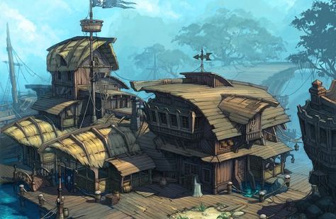 fantasy city concept art | Pirate town Picture (2d, architecture, fantasy, pirates) Fantasy Town, Environment Props, Pirates Cove, Building Concept, Digital Art Gallery, Fantasy City, Fantasy Setting, Fantasy Places, Environment Design