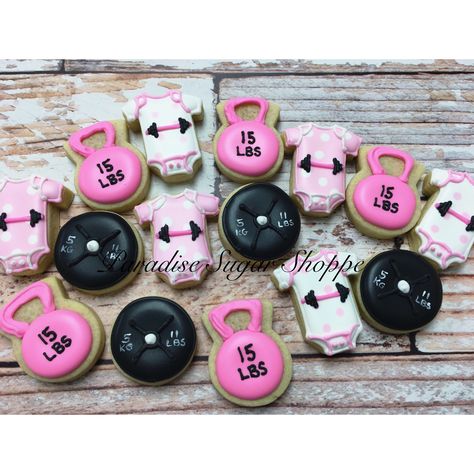 Weight Gender Reveal Ideas, Workout Gender Reveal Ideas, Powerlifting Gender Reveal, Weights Gender Reveal, Fitness Cookies Decorated, Workout Cookies Decorated, Fitness Gender Reveal Ideas, Gender Reveal Gym Theme, Gym Cookies Decorated