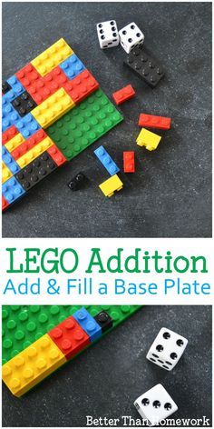 Word on your math skills with this fun LEGO Addition game. Throw dice and fill your LEGO Base Plate with this fun math game that's easy to play and much better than homework. Dice Math Games, Easy Math Games, Lego Math, Preschool Math Games, Lego Challenge, Addition Games, Maths Games, Math Games For Kids, Lego Activities