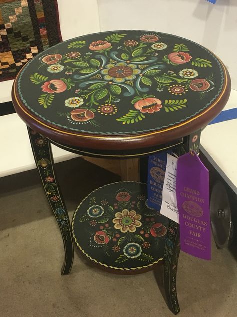 Floral Painted Table Top, Hand Painted Table Top, Painted Table Top, Tole Decorative Paintings, Rosemaling Pattern, Norwegian Rosemaling, Russian Folk Art, Scandinavian Folk Art, Painted Chairs