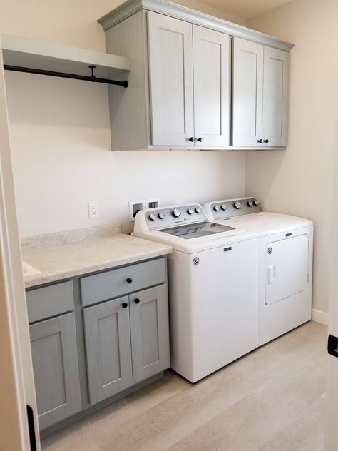 Laundry Room Ideas No Sink, Hanging Rack Above Washer And Dryer, L Shaped Laundry Room Design, Big Laundry Room Ideas Layout, Small Laundry Room With Hanging Space, Laundry Room Setup, Top Loading Washer Laundry Room Ideas, Half Bathroom And Laundry Room Combo, Laundry Room Garage Ideas