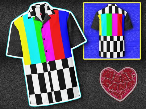 No Signal TV Static Test Pattern Weirdcore Button Up Updated 05/28 - New listing for this shirt! This is now the same shirt as the other button downs in the shop! Some were from a different manufacturer, but now they are all cohesive (and this one has a bit more detail now!)  Inspired by my childhood fears and nightmares. Don't stare into the static or you'll see them - and they'll see you too 📺 This retro television inspired shirt features color block test signal bars across the front and back on the upper half; black and white alternating bars across the bottom, the upper back/yoke, and on the collar; and distorted tv static all over the sleeves and inner placket. Perfect subtle piece for weirdcore, glitchcore, or horror fans; or just for a nice retro feel! Size chart in images Measurem Button Up T Shirt, Music Themed Clothes, No Signal, Weirdcore Shirt, Weirdcore Outfit Ideas, Button Ups, Weirdcore Clothes, Weirdcore Fashion, Weirdcore Outfits