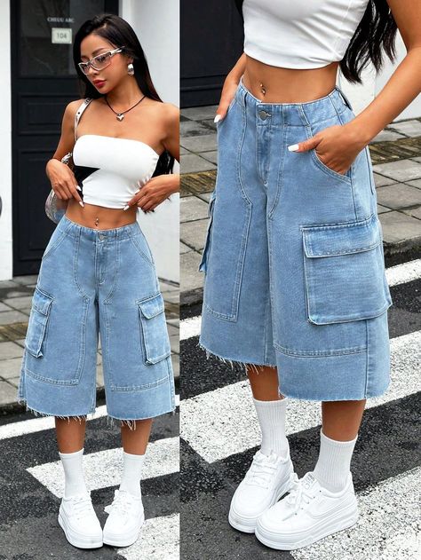 Plus Size Bottoms, Deku Casual Clothes Anime, High End Streetwear Women, Large Cuff Jeans, Current Outfit Trends, Cute Jean Outfits For Summer, Jeans And Denim, Long Cargo Shorts Outfits Women, Short Clothes Women