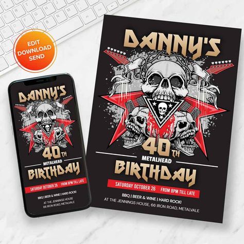 Excited to share the latest addition to my #etsy shop: Heavy Metal | Metal Gear | Editable Template | 80s Rock https://etsy.me/42Ezobb #black #birthday #silver #80sheavymetal #metalheadinvite #metalinvitation #rockthe80s #metalskull #heavymetal Heavy Metal Birthday, Metal Birthday, 80s Heavy Metal, Black Birthday, 80s Rock, Metal Skull, Party House, Thrash Metal, 80th Birthday