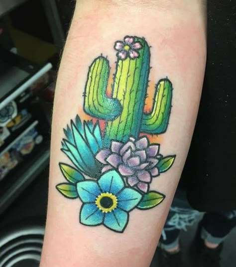 Neo Traditional Cactus Tattoo, Colorful Cactus Tattoo, Cactus Tattoo Color, Traditional Cactus Tattoo, Cactus Tattoos, Cactus Flower Tattoo, Desert Tattoo, Succulent Tattoo, Neo Tattoo