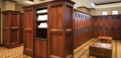 Alder wood lockers in the men’s locker room add elegance to the updated space. Clubhouse Design, Golf Clubhouse, Wooden Lockers, Classical Interior, Country Clubs, Golf Gloves, Billiard Room, Locker Room, Golf Tips