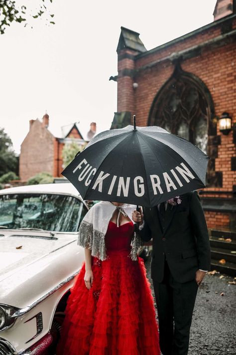 Moody Church Wedding with Religious Iconography, Burlesque Performers & a Bright Red Dress · Rock n Roll Bride Rock Roll Wedding, Rock N Roll Wedding Dress, Metallica Songs, Punk Rock Bride, Spanish Poems, Rock And Roll Bride, Rock N Roll Bride Magazine, Rock And Roll Wedding, Pizza Wedding