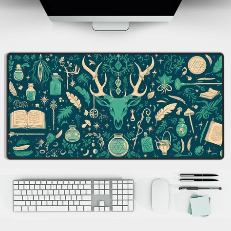 Desk Pad Design, Wicca Aesthetic, Desk Mat Pad, Aesthetic Mouse Pad, Cottagecore Desk, Witchy Cottagecore, Art Motifs, Dark Cottagecore, Art Desk