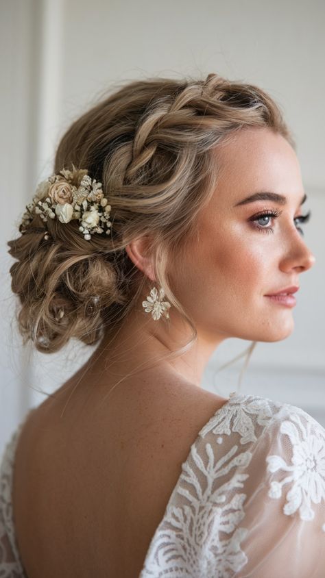 💐 Elevate your bridal look with this Spring Wedding Hairstyle 2025! A timeless braided updo adorned with delicate dried flowers, this romantic style exudes elegance and charm. Perfect for a boho, vintage, or classic wedding, this intricate hairstyle pairs beautifully with lace gowns and floral accessories. Whether you're walking down the aisle or dancing under the stars, this look is pure bridal perfection! 👰✨🌿 2025 Bridal Hair, Hair Twist Hairstyles, Spring Wedding Hairstyles, Intricate Updo, Hairstyle 2025, Elegant Spring Wedding, Hairstyles With Veil, Romantic Spring Wedding, Timeless Hairstyles