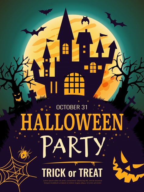 Halloween poster. Scary party invitation flyer template with horror symbols pumpkin bones skull halloween background. Download it at freepik.com! #Freepik #vector #poster #party #halloween #house New Year Signs, Horror Castle, Games For Little Kids, Halloween Invitation Card, Scary Party, Halloween Activity, Halloween Coloring Book, Invitation Flyer, Vector Poster