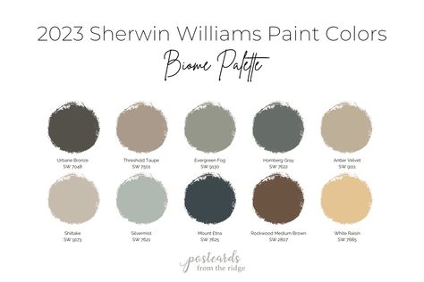 Sherwin Williams 2023 Paint Colors - Postcards from the Ridge Green Paint Colors Sherwin Williams, Sherwin Williams 2023, Interior Door Paint Colors, Paint Colors Sherwin Williams, Interior Paint Schemes, Sherwin Williams Color Palette, Dark Trim, Beige Paint, Choosing Paint