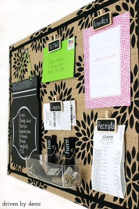 Simple tutorial for creating this cute patterned burlap bulletin board. Love the chalkboard clips! Cool Bulletin Boards, Burlap Bulletin Boards, Office Bulletin Boards, Diy Bulletin Board, Driven By Decor, Church Bulletin Boards, Family Command Center, Organization Board, Paper Clutter