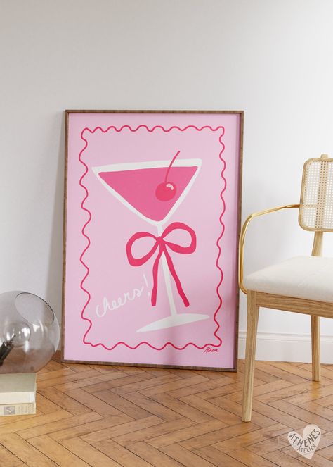 Pink Wall Art Painting, College Apartment Decor Diy Canvas Art, Light Pink Painting Ideas, Bar Cart Painting, Aesthetic Martini, Danish Pastel Wall Art, Martini Illustration, Diy College Apartment Decor, Pink Bar Cart