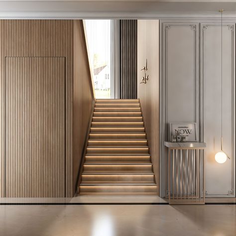 Reception on Behance Staircase In The Living Room, Fluted Staircase Wall, Concealed Staircase, Stairs Elevation, Hallway With Stairs, Paneled Staircase, Hall With Stairs, Living Room With Stairs, Modern Stairs Design