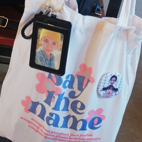 tote bag seventeen joshua seoksoo photocard kpop aesthetic Photocard On Bag, Seventeen Fanmade Merch, Seventeen Merch Aesthetic, Seventeen Clothes, Tote Bag Kpop, Diy Merch, Kpop Tote Bag, Seventeen Merch, Totes Ideas