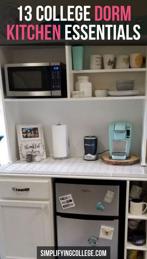 The dorm kitchen essentials you need to create the perfect kitchen area in your dorm room! #college #dorm College Dorm Kitchen, Whimsigothic Home Bedroom, Dorm Kitchen Essentials, College Kitchen Essentials, Dorm Room Cooking, Modern Kitchen Decor Ideas, Bedroom Baddie, Whimsigothic Home, Dorm Cooking