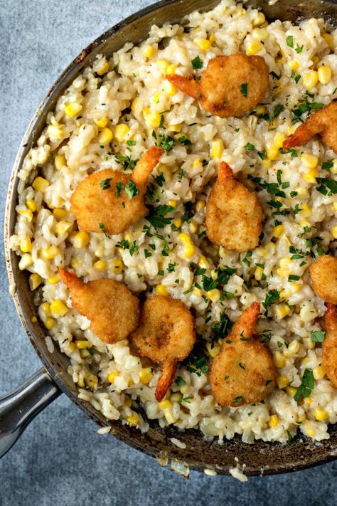 Butterfly Shrimp Meals, Butterfly Shrimp Recipes, Breaded Butterfly Shrimp, Homemade Risotto, Sweet Corn Risotto, Corn Risotto, Butterfly Shrimp, Shrimp Risotto, Crispy Shrimp