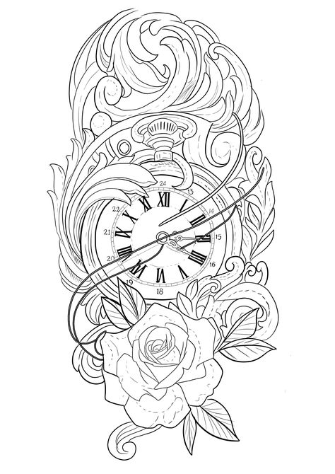 Clock Roses Tattoo Design, Tattoo Filler Ideas Sleeve Backgrounds Design, Time Piece Tattoos, Clock Rose Tattoo, Time Clock Tattoo, Rose Stencils, Time Piece Tattoo, Change Tattoo, Clock Tattoo Sleeve