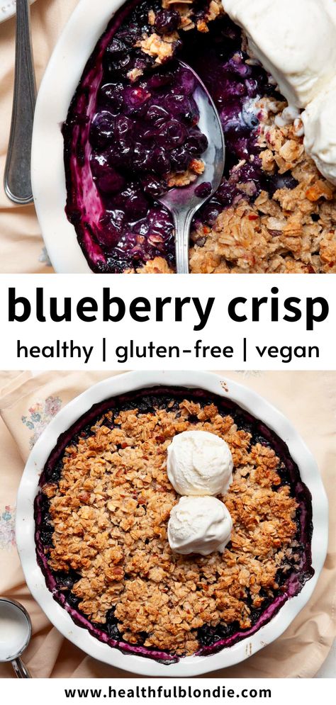 This easy gluten-free blueberry crisp recipe is the perfect sweet, healthy, and vegan summer dessert! It’s sweetened with maple syrup and topped with a buttery oat crumble. You can use fresh or frozen blueberries. Frozen Blueberry Recipes, Gluten Free Blueberry Crisp, Vegan Crisp, Blueberry Crumble Recipes, Gluten Free Crisps, Blueberry Crisp Recipe, Blueberry Crisp, Blueberry Oat, Oat Crumble