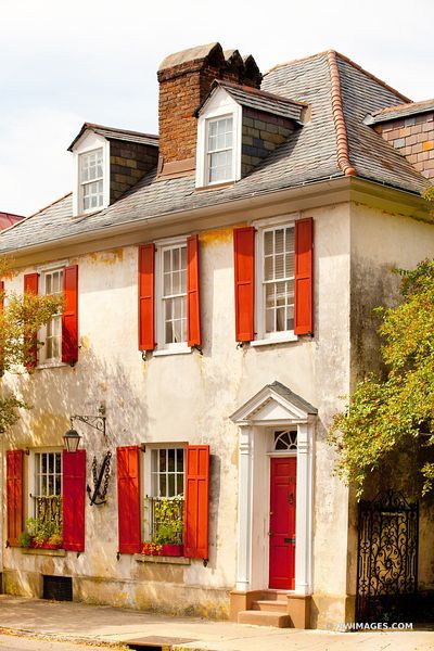 Cottage Shutters, Charleston Architecture, Window Shutters Exterior, Red Shutters, White Colonial, House Window, Large Framed Prints, Window Shutters, Canvas Photo Prints