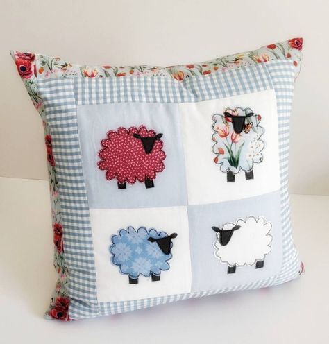 Blue and Red Spring Sheep Cushion Cover Handmade by Helen Patchwork Applique Zip - Etsy UK Popular Sewing Patterns, William Morris Fabric, Sheep Design, Applique Cushions, Sewing Cushions, Patchwork Cushion, Applique Quilting, Machine Embroidery Projects, Meme Design